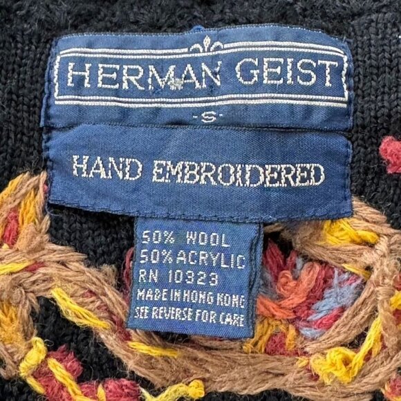 80s Vintage Herman Geist Black Wool Hand Embroidered Cardigan Sweater Size Small - Picture 4 of 5
